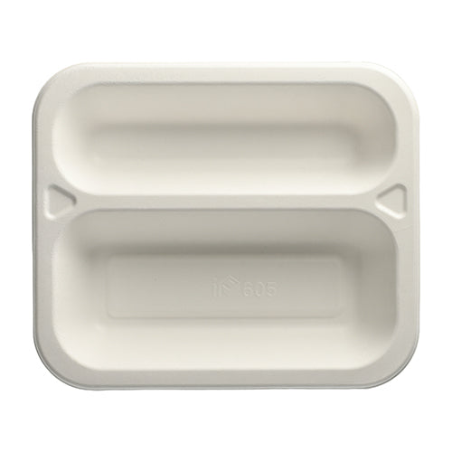 A white, rectangular PAPSTAR 100 sealable sugarcane 2-compartment tray from PAPSTAR GmbH with two compartments (one small, one large) and a smooth surface - perfect for eco-friendly catering events.
