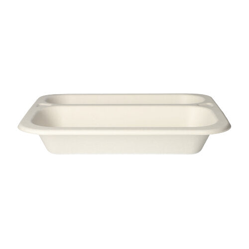 The PAPSTAR 100 sealable, sugarcane 2-compartment, white trays from PAPSTAR GmbH are rectangular, cream-colored disposable dining bowls with two compartments made from eco-friendly sugarcane, ideal for catering events and depicted on a white background.