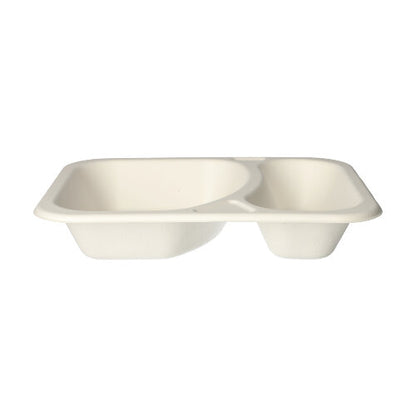 The PAPSTAR 100 sealable, sugarcane 2-compartment, white trays from PAPSTAR GmbH are white, rectangular disposable bowls with two compartments - ideal eco-friendly catering tableware. The image shows the front view against a plain background.