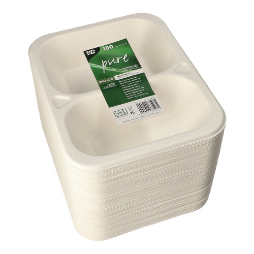 100 PAPSTAR GmbH sealable trays made from white sugarcane, 2-compartment, sustainable and packaged in 'Pure' design - perfect for catering and take-away events.