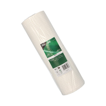 In front of a solid-colored background, a roll of white fiberglass fabric with a green-white label is depicted, resembling the PAPSTAR lid for drinking cups, round Ø 9 cm, white, cardboard | foil (50 pieces) from PAPSTAR GmbH.