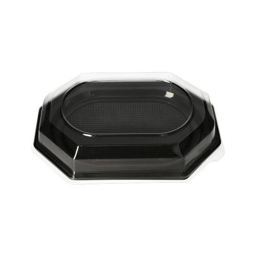 Die Starpak 10 Servierplatten, PET schwarz, sind schwarze, achteckige Kunststoffschalen mit transparentem PET-Deckel, ideal für Catering-Events. Sie werden auf einem schlichten weißen Hintergrund präsentiert. Marke: Starpak.
