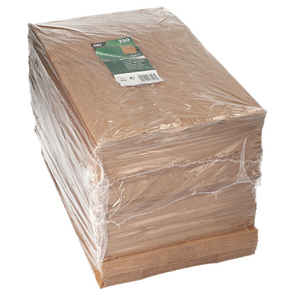 A large stack of PAPSTAR 250 block bottom bags brown kraft paper from PAPSTAR GmbH is tightly wrapped in clear film and bears a green-white product label on top.