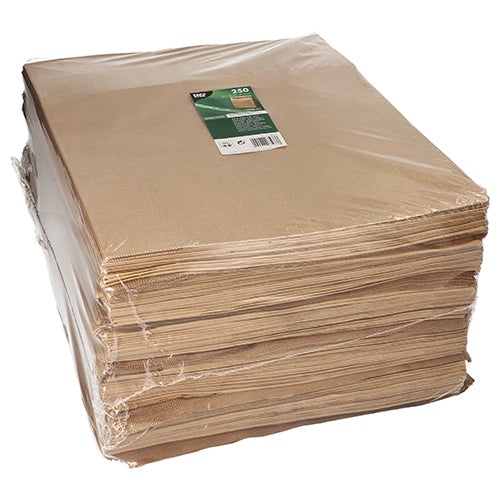 A large stack of PAPSTAR 250 block bottom bags, brown kraft paper, from PAPSTAR GmbH, wrapped in clear film with a green-white label on top with product information.