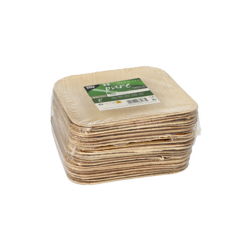 A stack of PAPSTAR 25 plates, palm leaf "pure" from PAPSTAR GmbH - square, light wood plates made of transparent plastic with a green-white label - ideal for special occasions and eco-friendly, environmentally conscious events.