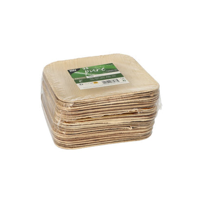 A stack of PAPSTAR 25 plates, palm leaf "pure" from PAPSTAR GmbH - square, light wood plates made of transparent plastic with a green-white label - ideal for special occasions and eco-friendly, environmentally conscious events.