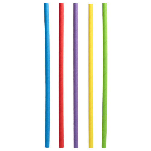 Five PAPSTAR 500 shake straws paper Ø 8 mm · 25 cm from PAPSTAR GmbH in the colors blue, red, purple, yellow, and green stand vertically next to each other from left to right on a white background.