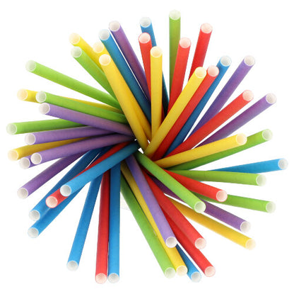 A bundle of PAPSTAR 500 shake straws paper (8 mm × 25 cm) from PAPSTAR GmbH, arranged in a circle and viewed from above. These eco-friendly paper straws are brightly colored in red, yellow, green, blue, and purple.