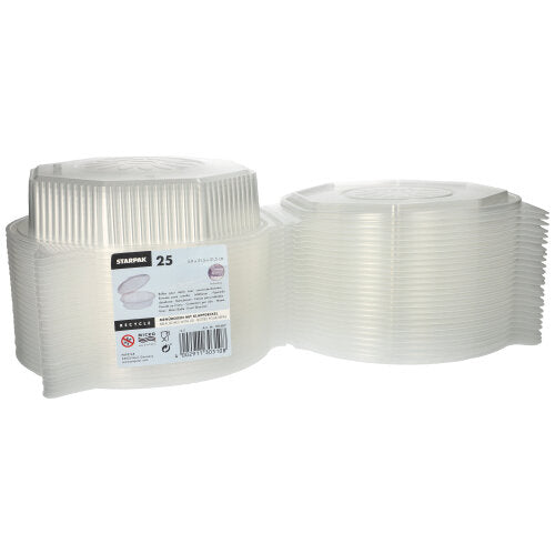 Two stacks of Starpak 25 menu boxes with hinged lids, PP transparent and octagonal (5.9 x 21.5 x 21.5 cm) are shown side by side. Ideal for food storage or serving meals at any event.