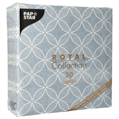 A square packaging of PAPSTAR GmbH 50 napkins "ROYAL Collection" 1/4 fold, 40 x 40 cm, in blue, shows a light blue and white geometric pattern with product details and the inscription "ROYAL Collection 50" on the front.