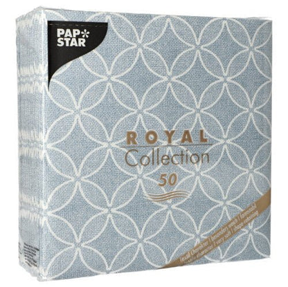 A square packaging of PAPSTAR GmbH 50 napkins "ROYAL Collection" 1/4 fold, 40 x 40 cm, in blue, shows a light blue and white geometric pattern with product details and the inscription "ROYAL Collection 50" on the front.