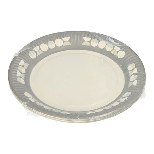 A stack of PAPSTAR 10 plates, round cardboard Ø 23 cm, from PAPSTAR GmbH, wrapped in transparent foil. Each disposable plate is adorned with a subtle leaf and dot border – ideal for parties and events.