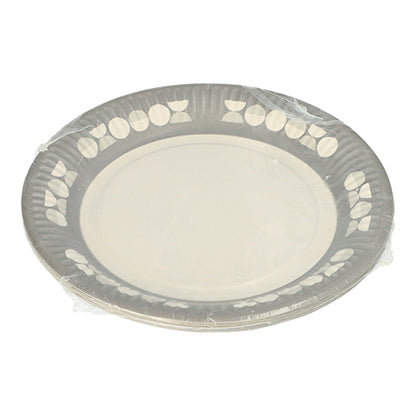 A stack of PAPSTAR 10 plates, round cardboard Ø 23 cm, from PAPSTAR GmbH, wrapped in transparent foil. Each disposable plate is adorned with a subtle leaf and dot border – ideal for parties and events.