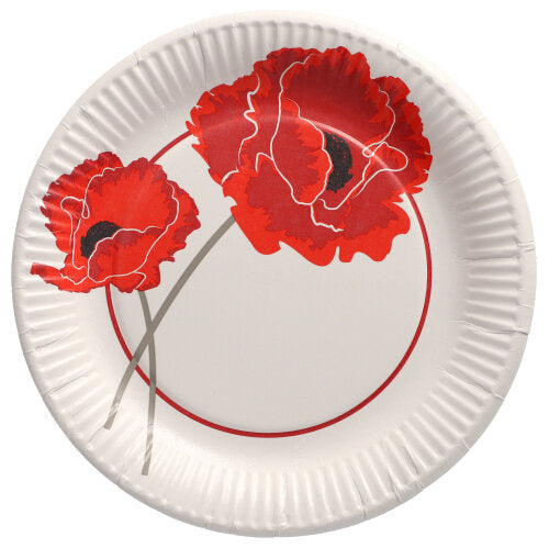 The PAPSTAR 10 paper plates, round Ø 23 cm from PAPSTAR GmbH, feature two large red poppies with green stems and a red circle - perfect for parties and events.