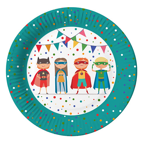 The PAPSTAR 10 paper plates, round Ø 23 cm from PAPSTAR GmbH, feature colorful dots and four superhero children with bunting garlands - perfect party plates for cheerful occasions.