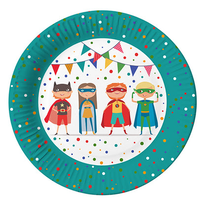 The PAPSTAR 10 paper plates, round Ø 23 cm from PAPSTAR GmbH, feature colorful dots and four superhero children with bunting garlands - perfect party plates for cheerful occasions.
