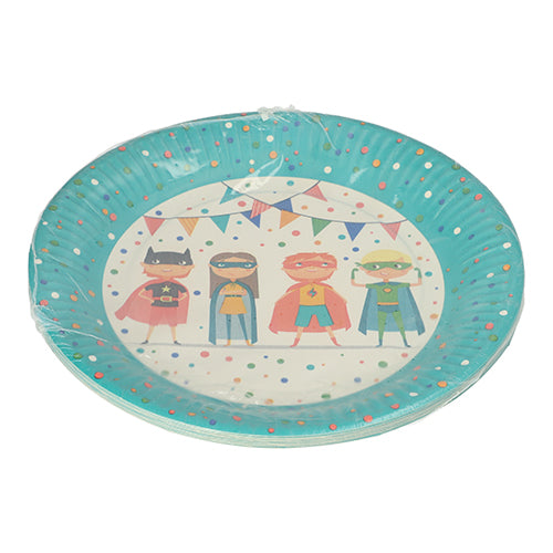 The PAPSTAR 10 paper plates (Ø 23 cm) from PAPSTAR GmbH are round, blue with colorful polka dots and four superhero motifs, perfect for parties. The plates are packed in transparent foil.