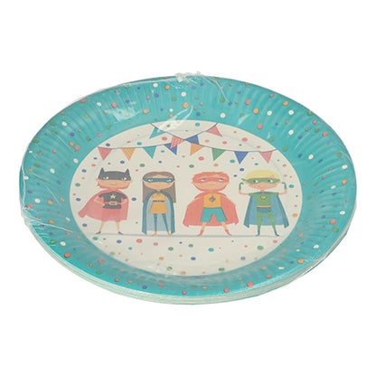 The PAPSTAR 10 paper plates (Ø 23 cm) from PAPSTAR GmbH are round, blue with colorful polka dots and four superhero motifs, perfect for parties. The plates are packed in transparent foil.
