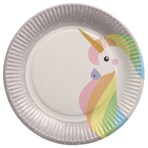 The PAPSTAR GmbH 10 paper plates, round Ø 23 cm, are in light gray with a colorful unicorn head and subtly patterned rim - ideal for parties and events.