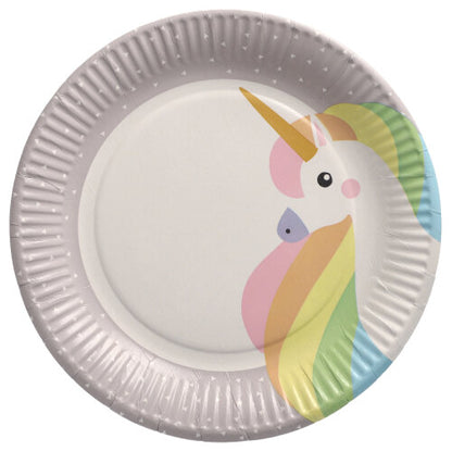 The PAPSTAR GmbH 10 paper plates, round Ø 23 cm, are in light gray with a colorful unicorn head and subtly patterned rim - ideal for parties and events.