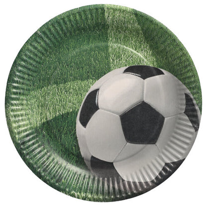 The PAPSTAR 10 plates, round cardboard Ø 23 cm from PAPSTAR GmbH, are ideal disposable plates for parties with a black-and-white soccer ball on green grass and ribbed edges for a sporty touch.