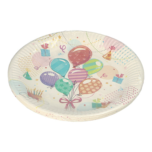 PAPSTAR 10 plates, round cardboard Ø 23 cm from PAPSTAR GmbH with colorful party design of balloons, gifts, confetti, and birthday cake – ideal disposable plates for parties and birthday celebrations.