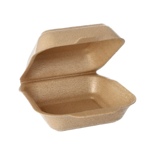 A single open Starpak 125 large hamburger box with a hinged lid (XPP, 7x15x15 cm, beige), made from environmentally friendly film for the safe transport of hamburgers, is depicted against a white background.