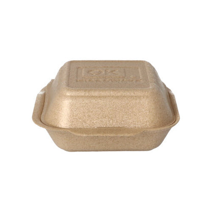 The Starpak 125 large hamburger boxes with a hinged lid (XPP, 7x15x15 cm, beige) are ideal for transporting hamburgers and are presented against a white background.
