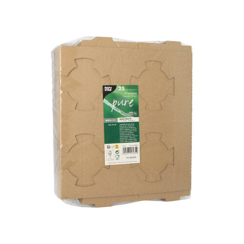 A stack of PAPSTAR carrying trays "pure" brown for 4 soup cups (25 pieces), cardboard, foil-wrapped, with green-white label and product information from PAPSTAR GmbH, 3.6x19.8x24.1 cm.