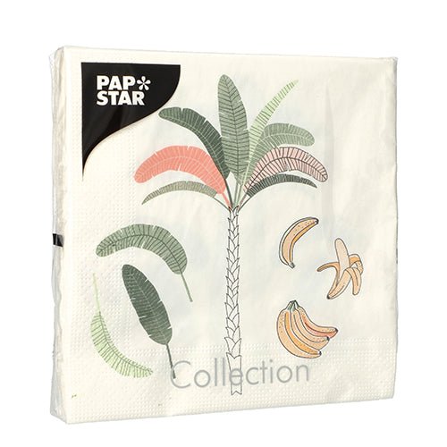 The PAPSTAR GmbH 20 napkin pack (33x33 cm, 3-ply, 1/4-fold, design set 2) features a simple design with a palm and banana plants with green and pink leaves.