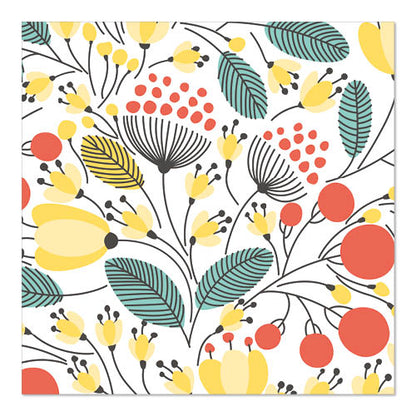 The PAPSTAR 20 napkins, 33 cm x 33 cm, 3-ply from PAPSTAR GmbH feature stylized flowers and leaves in yellow, red, petrol, and black on white - perfect for a vibrant table setting.