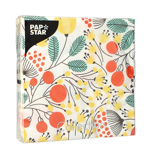 PAPSTAR GmbH 20 napkins, 33x33 cm, 3-ply, 1/4-fold, Design Set 1: botanical berry and leaf pattern with "PAPSTAR" logo on black label in the upper left corner.
