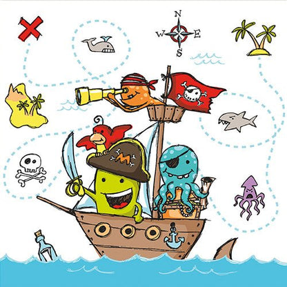 Cartoon sea creatures as pirates and doodled treasures adorn the PAPSTAR GmbH 20 napkins, 33x33 cm, 3-ply, 1/4 fold design set 2 - perfect napkins for any themed party.