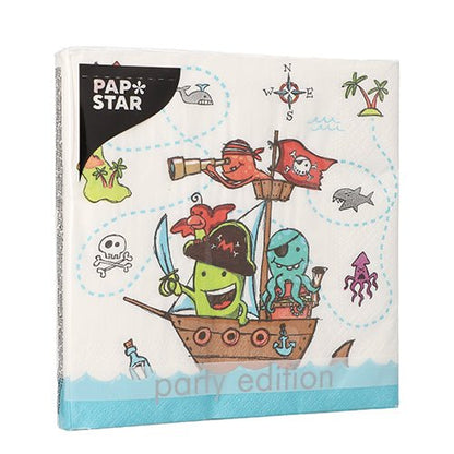 The PAPSTAR 20 napkins (33x33 cm, 3-ply, 1/4 fold, design set 2) from PAPSTAR GmbH feature cartoon sea creatures as pirates on a ship with pirate symbols and a treasure map in the background.