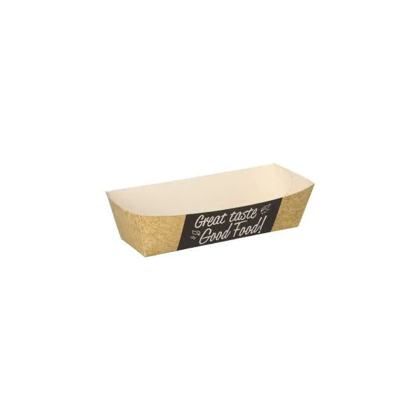 A rectangular, eco-friendly PAPSTAR 50 snack trays made of brown cardboard with a black side label "Great taste Good Food!" in white lettering by PAPSTAR GmbH is depicted empty against a white background.