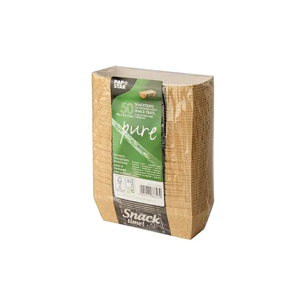 A sealed pack of 50 "pure" Good Food snack trays by PAPSTAR GmbH made from eco-friendly brown cardboard - a sustainable serving solution with product information on the front label.