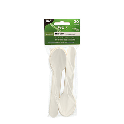 A transparent plastic bag with 20 white PAPSTAR coffee spoons "pure" (13 cm), eco-friendly from PAPSTAR GmbH - ideal for environmentally conscious gatherings, with product information on a green-white header.