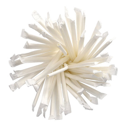 A collection of PAPSTAR flexible paper straws "pure", 6 mm x 20 cm, white (100 pieces), each individually wrapped, arranged in a circle and viewed from above.