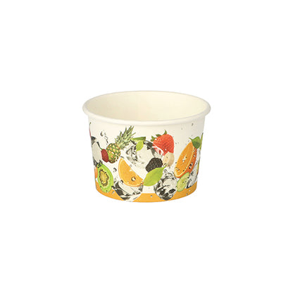 The PAPSTAR 50 ice cream cups from PAPSTAR GmbH is a small, round, white paper cup with colorful fruit and water splash motifs, ideal for serving desserts or ice cream. The empty cup is depicted on a simple white background.