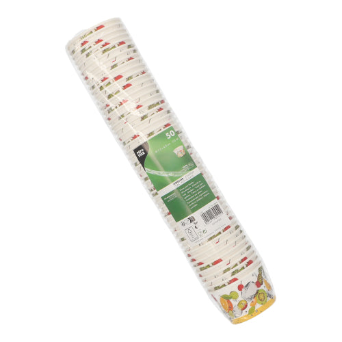 A stack of 50 PAPSTAR ice cream cups made of round cardboard by PAPSTAR GmbH wrapped in foil. Colorful fruit and vegetable motifs at the bottom edge make them perfect for desserts like ice cream cups.