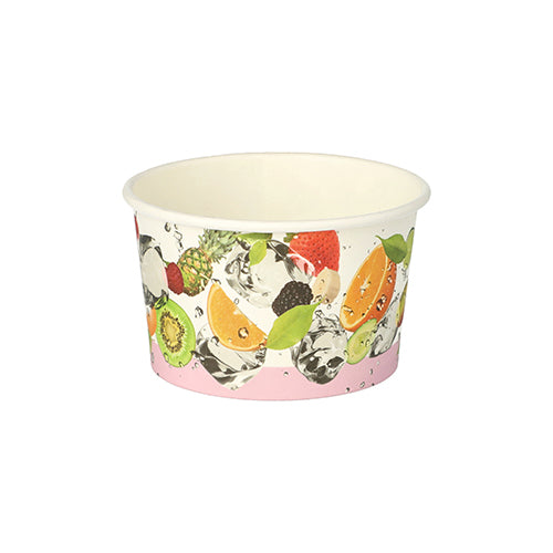 The PAPSTAR 50 ice cream cups, round cardboard, from PAPSTAR GmbH features a white paper design with vibrant fruit patterns – orange, kiwi, strawberry, and water splashes – perfect for serving ice cream, depicted on a simple white background.