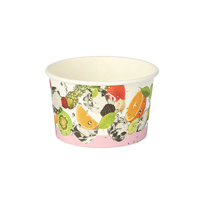 The PAPSTAR 50 ice cream cups, round cardboard, from PAPSTAR GmbH features a white paper design with vibrant fruit patterns – orange, kiwi, strawberry, and water splashes – perfect for serving ice cream, depicted on a simple white background.