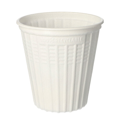 The Starpak 25 soup cup, PP "To Go" Ø 11.5 cm white is a white, recyclable soup cup made of polypropylene with vertical grooves and "recyclable" embossing on the rim, holding up to 500 ml.