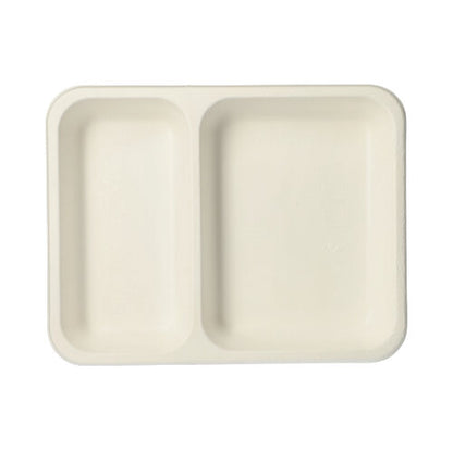 The PAPSTAR 125 sealed trays from PAPSTAR GmbH are rectangular, white, two-part trays made from biodegradable sugarcane, depicted on a white background from above.
