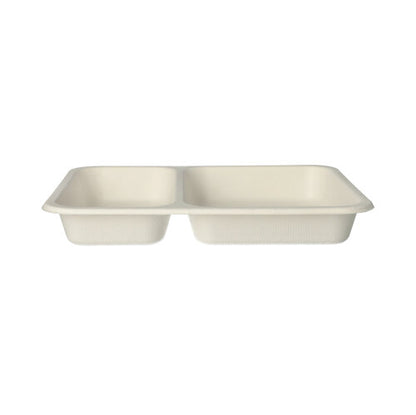 The PAPSTAR 125 sealed trays from PAPSTAR GmbH are beige, rectangular disposable food trays with two equally sized compartments made from biodegradable sugarcane. Image from the front on a white background.