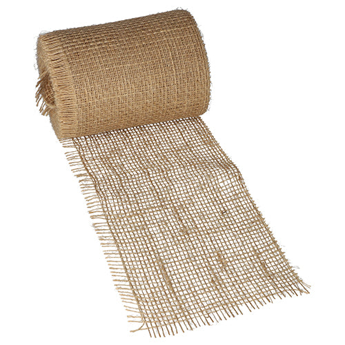 A roll of PAPSTAR decorative ribbon jute 10 m natural from PAPSTAR GmbH is partially unrolled on a white background, showing its coarse, open-mesh structure – ideal for creative projects or natural decoration.