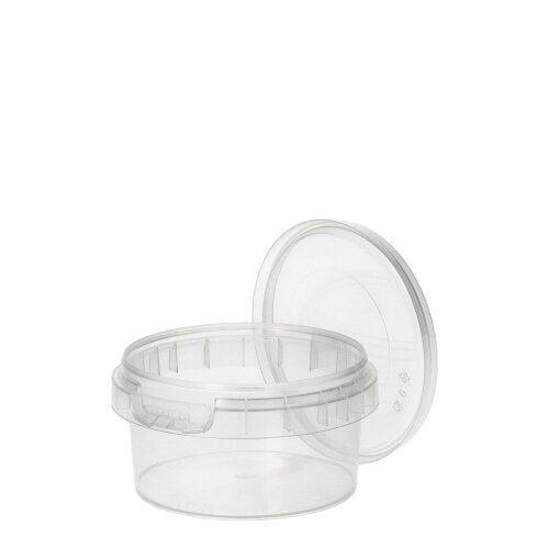 A Starpak 50 deli cup, round and made of transparent PP with original seal, is partially opened with its clear lid depicted against a plain white background.
