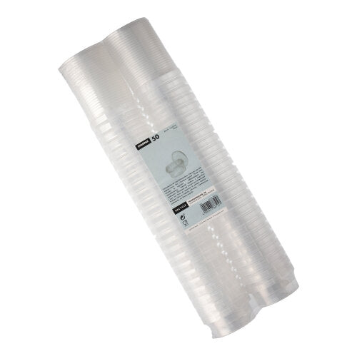 A stack of 50 transparent Starpak deli cups made of PP with original seal is delivered in plastic wrap with a white-gray label containing product information, barcode, and the Starpak brand.
