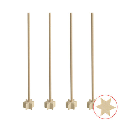 On a white background, four PAPSTAR 17 cm wooden cocktail muddlers "pure" from PAPSTAR GmbH are lined up, each featuring the characteristic star-shaped base, a close-up of this base is shown in a small circle at the bottom right.