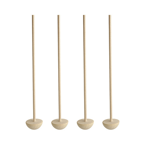 Four PAPSTAR cocktail muddlers made of light wood, each 17 cm long and with a round base, stand upright next to each other against a white background. This is the "pure" model from PAPSTAR GmbH.